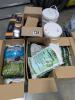 Boxes of miscellaneous goods including stucco patch, candle, wipes, Scott's crabgrass, fresh step, good wipes, tidy cats, liquids and more