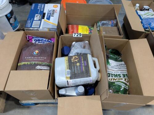 Boxes of miscellaneous goods including heavy duty diesel engine oil, driveway concentrate, insect spray, grass seed, & More