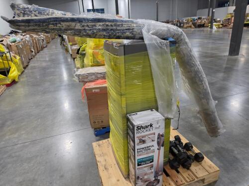 shark rocket Pro vacuum, Frigidaire refrigerator, rug, dumbbells