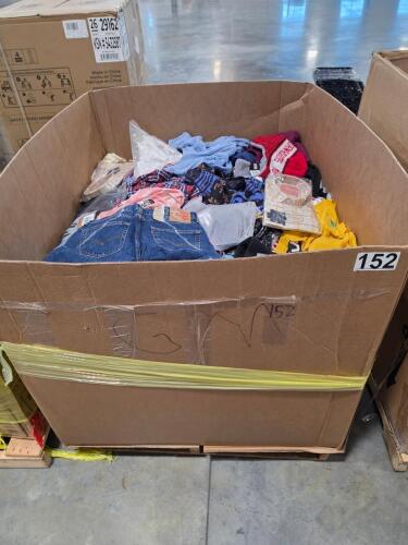 pallet of miscellaneous clothing, The North face, New era, guess, Clement, Levi Strauss, Stratford, Adidas, Bob Barker and much more