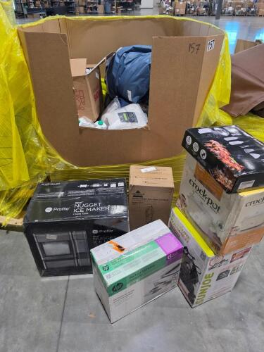 Big box store in a box, HP printer, sunjoe pressure washer, Bissell floor cleaner, other printer, Crock-Pot, cleaning supplies, trash bags, opal nugget ice maker plus side tank, comprehensive griddle, accessory kit and much more