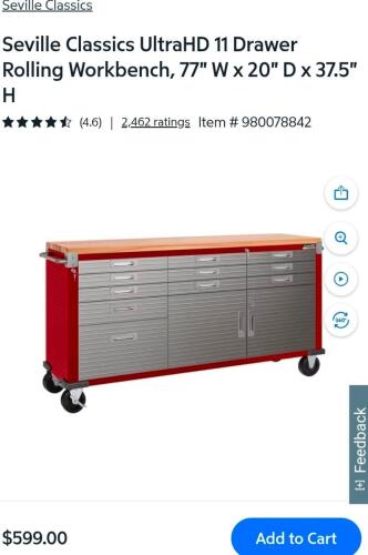 Seville Classics UltraHD Rolling Workbench, Red