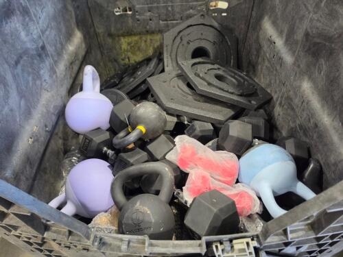 bin of weights, kettlebells, dumbbells, and more