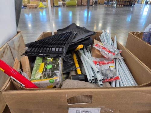 industrial and automotive items: sledge hammer, traveling sprinkler, electric dryer cords, rubber floor mat, heavy jump rope, brake rotors, rug pad, and much more