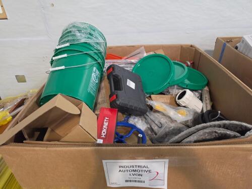 Industrial/automotive, bucket, car parts, tools, bostich, hose, rug pad, and