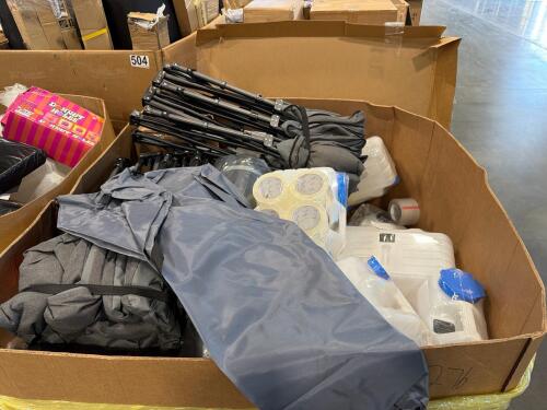 Multiple water containers, chair, Red camp products, large rolls of tape, & More