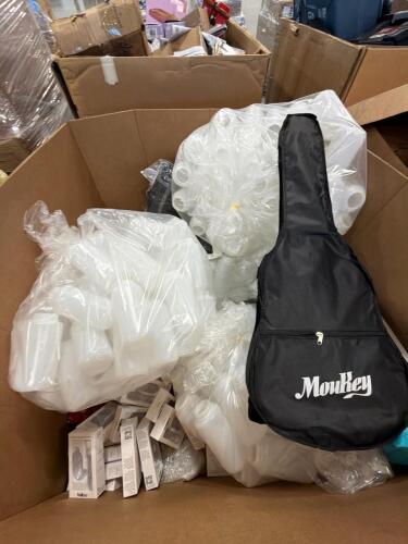Multiple bags of plastic bottles from nail boo, MOUKEY guitar, linens, & More