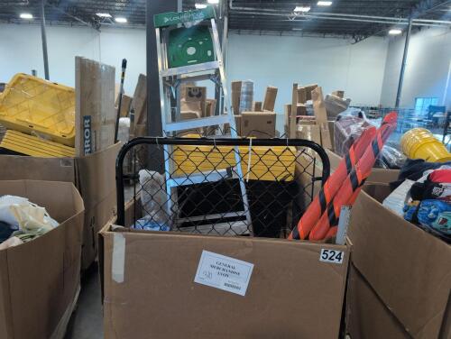 plastic bins, Louisville ladder, measuring stick, rug pads, and more