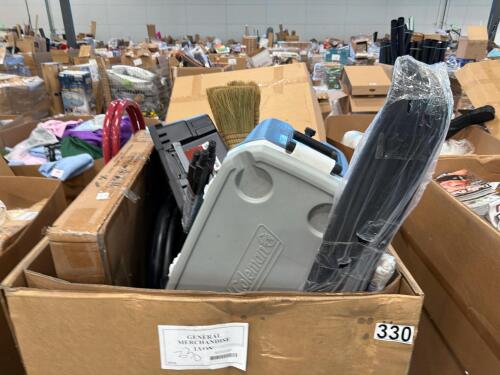 Coleman cooler, four Patriots empty black bin, brooms, and more