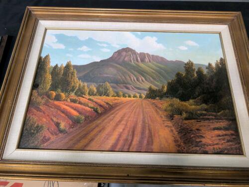 mountain landscape theme dirt road signed artist, original, artist Pg Fuentes '94