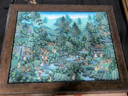 traditional Bali folk art painting depicting a lush tropical landscape with rice paddies, palm trees, and village scenes