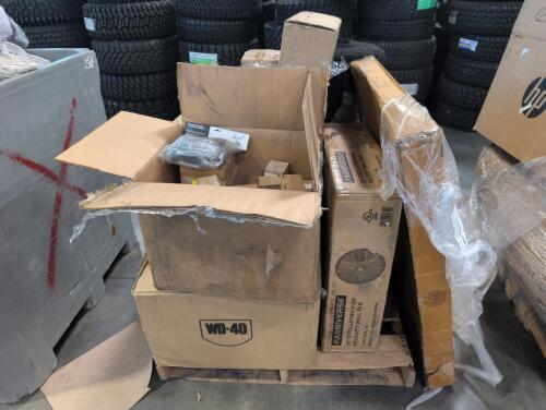 Rolled material, WD-40 multipurpose microfiber, box of automotive parts, high velocity fan, & More
