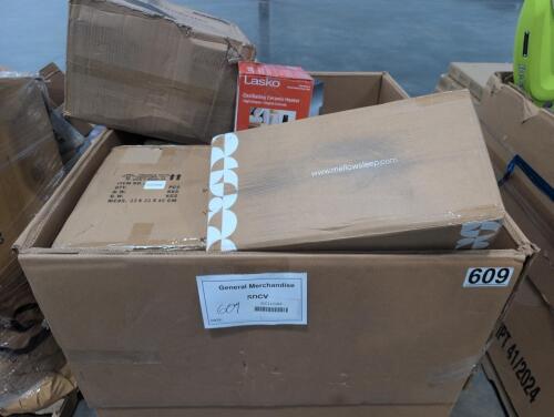 Glass kettle, rotary cheese grater, multi chopper/slicer, ceramic heater, mellow pillow, hinged microwaveable plastic takeout containers, velvet hangers, and more