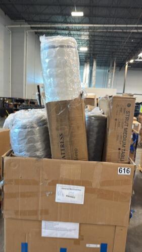 Rolled mattresses, strut medium table, above ground pool by sloosh, rug and more