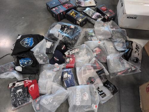 Box of Venum boxing gear including gloves, backpack, rash Card, & More