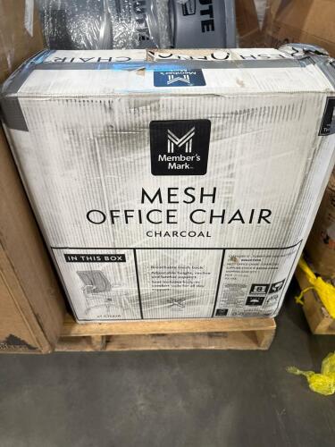 mesh office chair, rolled mattress, and garbage cans