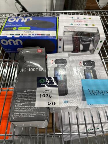 Canon hg-100 TBR, Q7. digital cameras, smartwatch, ONN 4K Pro streaming device