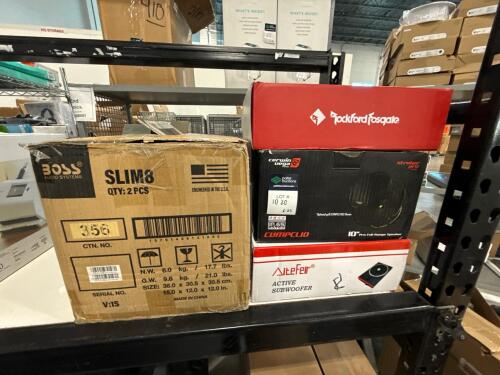 Rockford fosgate amplifier, cumpclio 10-in speaker, active subwoofer, Boss audio systems slim8(2)