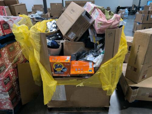 Big box store in a box: DENONAV receiver, clothing, plates, cups, soap, aspirin, garbage bags, granola, Flonase, veggie straws, Kevin joint, crackers, tide pods, plate, towels, old spice, applesauce, and much more