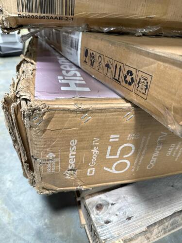 Hisense 65 in, dining table top, and other furniture