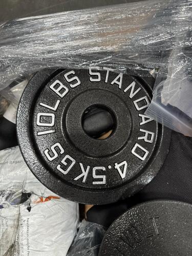 waits, curl bar, 50 lb weights, dumbbell, medicine ball