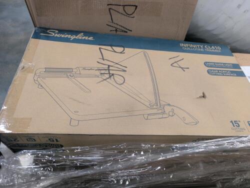 Large mattress, swing line Infiniti CL 410 guillotine trimmer, VEVOR product, microwave, retractable hose reel, box of delta NICOLI bathroom faucets, & More
