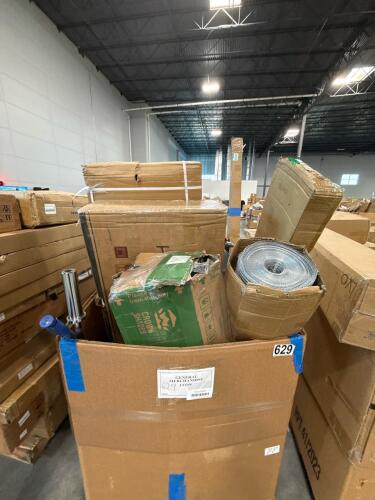 Rolled Fencing, weight bar, crown shades canopy, miscellaneous REM electric water heater, tarp, Flooring garbage can, folding table, and more