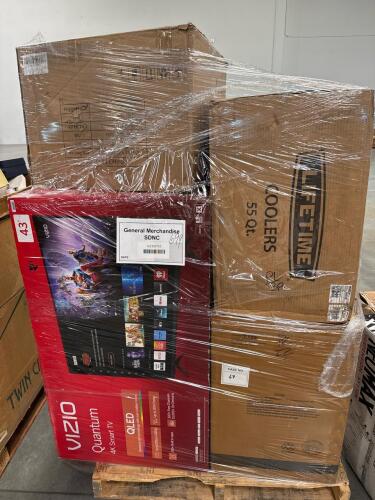 43-In Vizio quantum, lifetime coolers 55 quart, furniture side table and two brass, huffy 24-in boys Rock Creek bicycle accent chair, and refrigerator