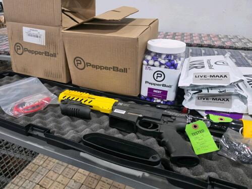 top shelf of pepper ball guns and pepper balls