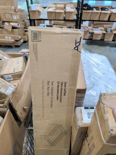 Junior loft bed, bench, trampoline box not complete, and more