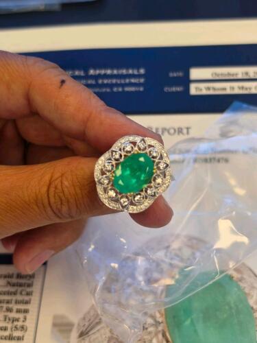 18 karat two-tone gold 6.7 Colombian emerald and diamond ring with gia