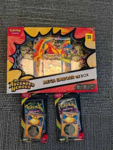 Pokemon Ascended Heroes Mega Emboar ex Box and (2) Mega Evolution - Perfect Order