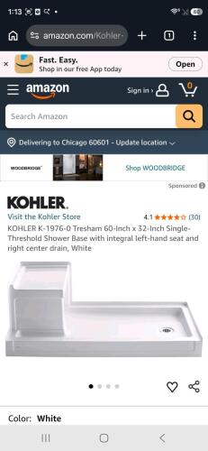 Kohler hearth 60"x 32" seated receptor RH , 94979-95 archer receptor 60x36"