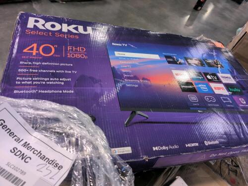 Roku 40 inch TV, stool, towing mirrors, Neil Max suspension mini clubman, three seat sofa piece, and