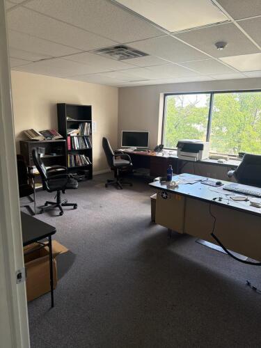 2 rooms and 2 closets with contents: including but not limited to desks, Phones, HP printer, computer, bookcase, books, filing cabinet, coffee maker, mini fridge, office chairs, tables, desks, drink holders, and more