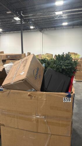 Christmas tree, pads, storage totes, umbrella, cupcake hinged containers, pillow, plastic base, & More