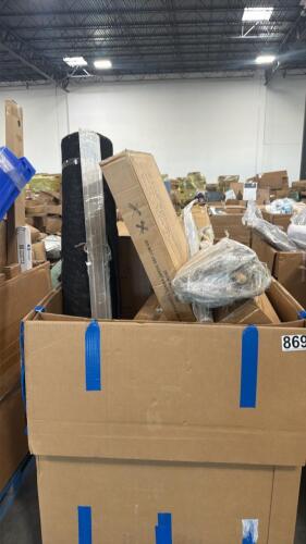 Multiple brooms, miscellaneous furniture, rolled material, & More