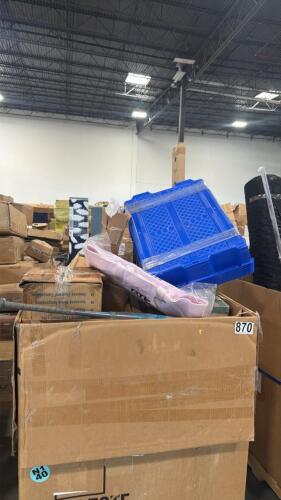 Rug, roll material, another rug, plastic storage tote, used softball bat, blinds, RTIC tote, fishing rod, camp chair, & More