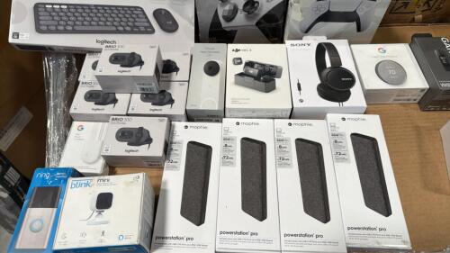 mega electronics, keyboards, PlayStation controllers, chargers, Mophie battery packs, wireless headphones, Kodak cameras, secret lab, hundreds of items