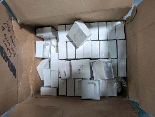 box of airpod style headphones but note these are not authentic airpods. they look like airpods they are not Apple airpods.