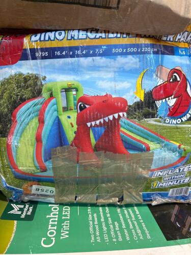 Inflatable bounce house Dino, chairs, cornhole, Adirondack chair, and