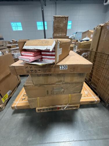 Miscellaneous furniture, sofas, multiple bolts of fabric, door panel
