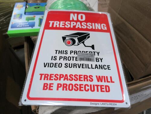 heavy duty storage boxes, roll of fabric, 70 quart ultra storage box, no trespassing sign