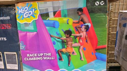 rockin roller x Pro monster speaker, H2O go race up the climbing wall triple splash Mega water park (2), 10-person instant cabin tent, keter Adirondack chair