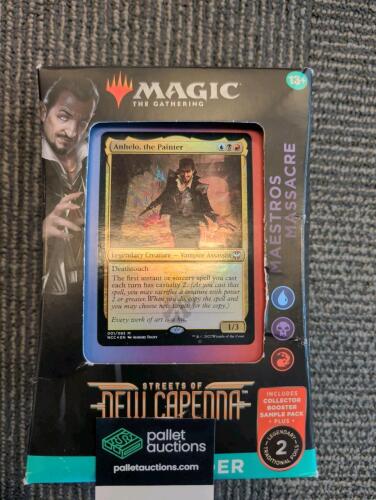 sealed Magic: The Gathering "Maestros Massacre" Streets of New Capenna Commander deck featuring a prominent display of the Anhelo