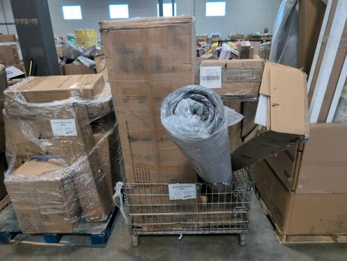 rolled mattress, drywall and panel cart, waistbands, sofa unsure if all boxes are present