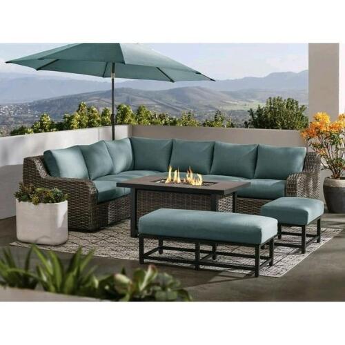 Athena collection seven piece deep seating sectional with fire pit
