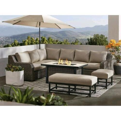 Athena collection seven piece seating sectional with fire pit