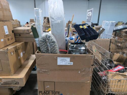 Multiple brooms, flooring panels, garden STAKES, large cushion, towels, carry-on luggage, trap, gorilla ladders step piece, shelving, rug, & More