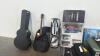 Luggage, box of Beatrice ball bowls, gladiator gear rack golf, hot wheels track, Zumiez skateboard, pool stick, golf bag, Johnson guitar, guitar case - 3